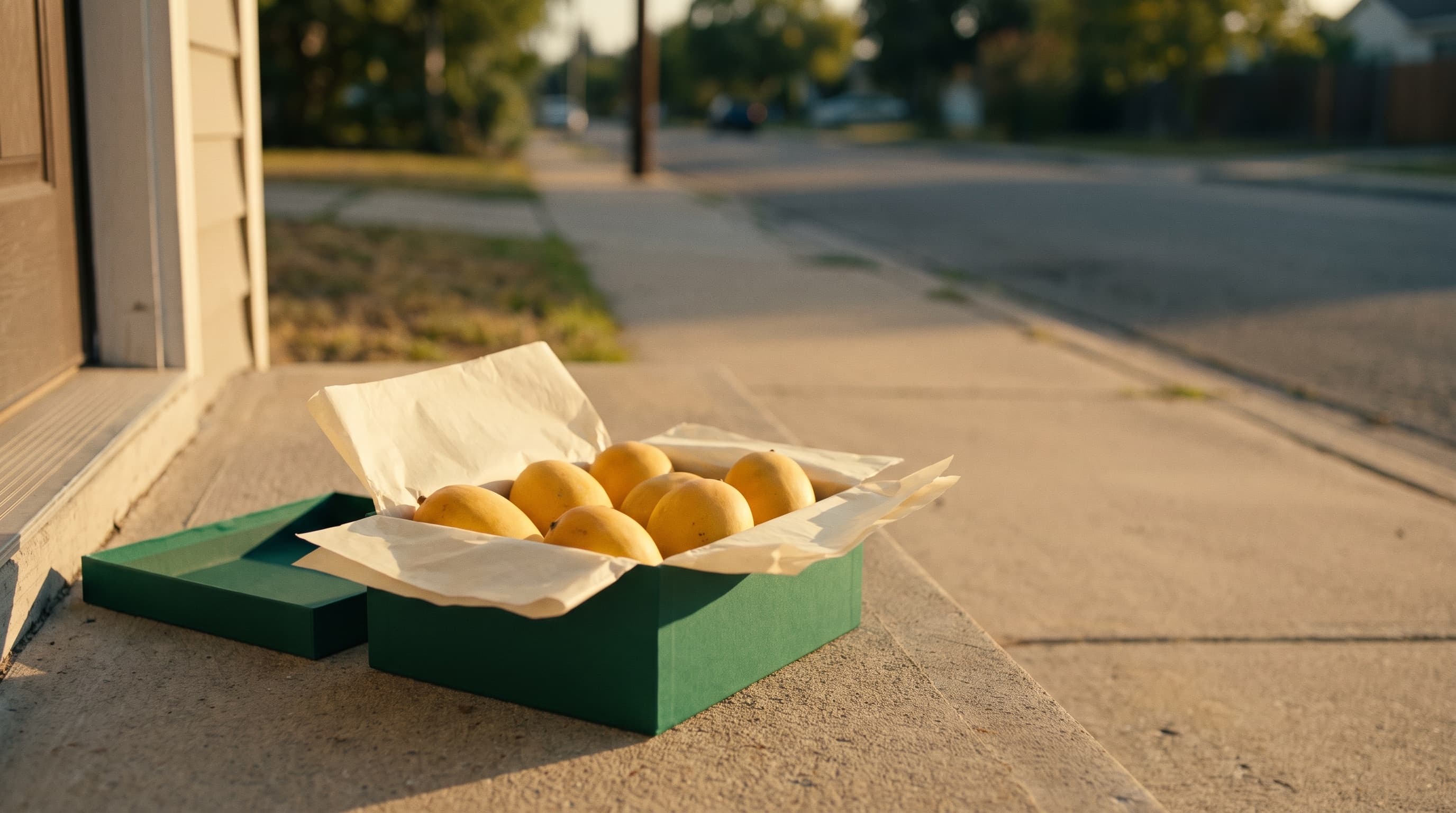 Keri In Windsor mango box, opened at the doorstep